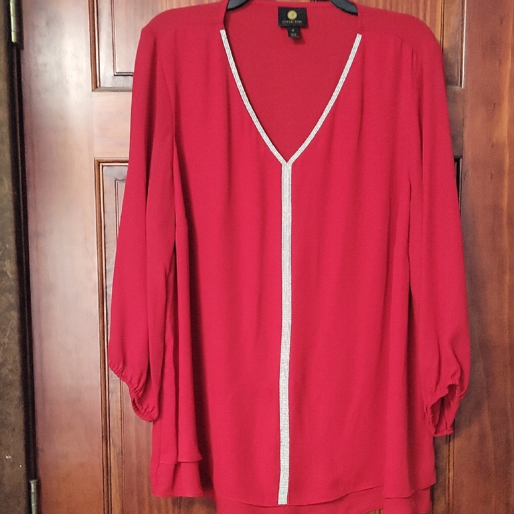 JM Collection Crimson Blouse with Ivory Accent